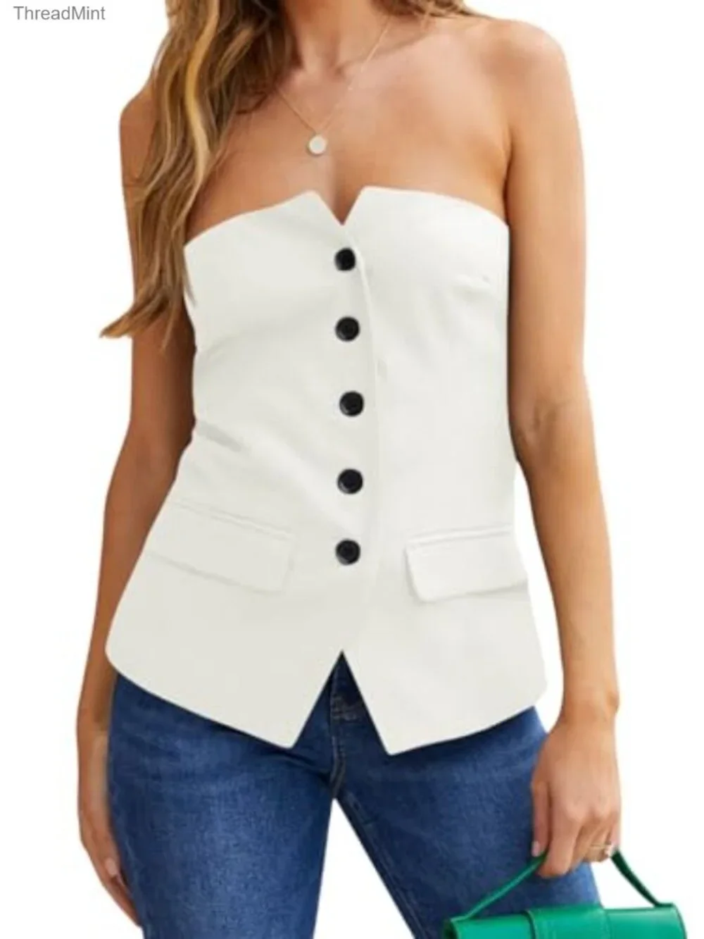 Sleeveless Notched Neck Fitted Blazer Vest Button Front Work Office